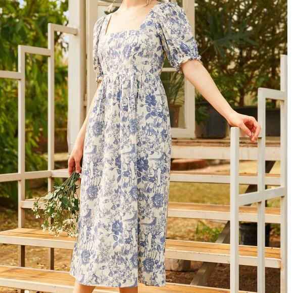 ModCloth Enchanted Meadow Toile Dress in Blue Toile Cottagecore Prairie XL New - Picture 7 of 7